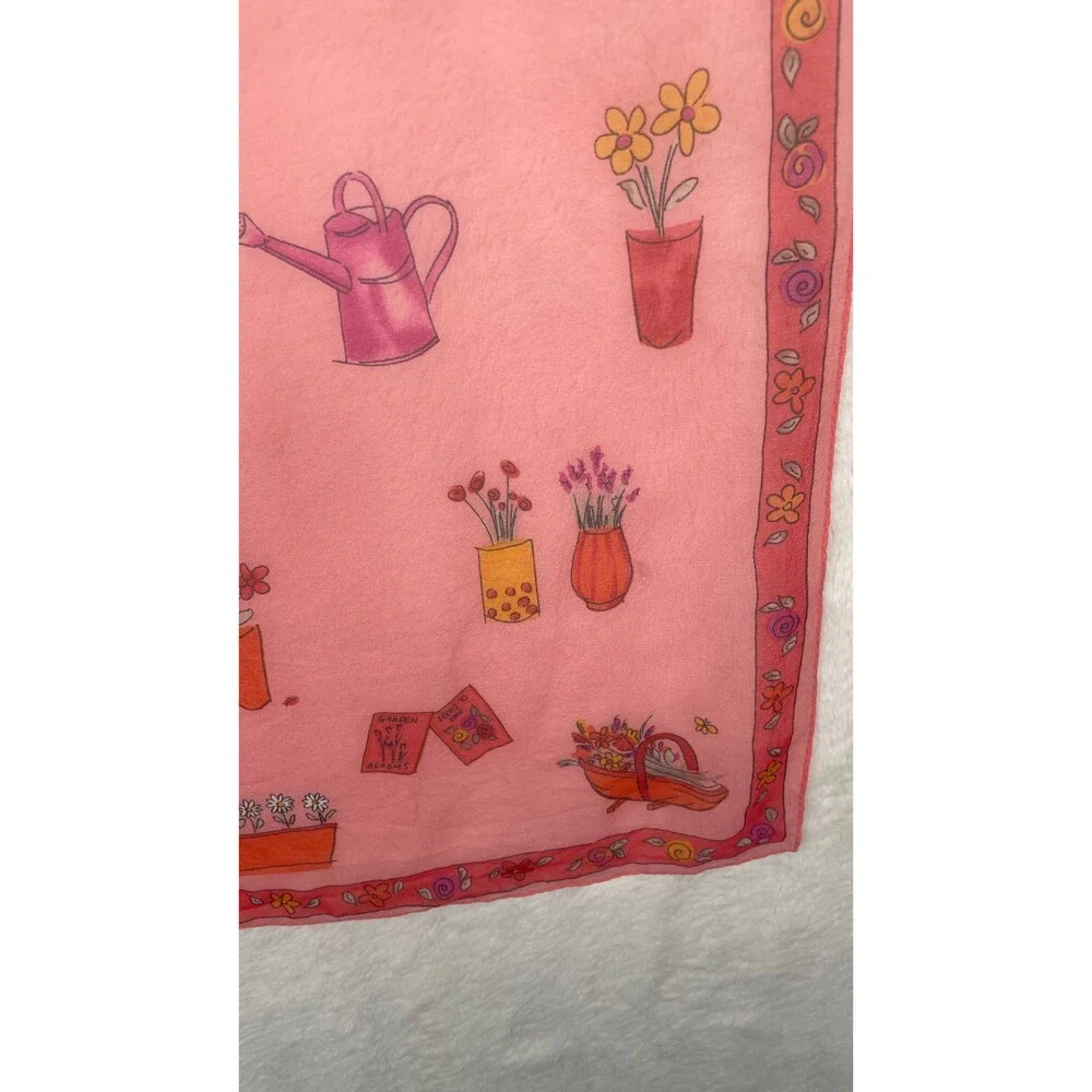 Elaine Gold Collection XIIX Square Pink Silk Scarf Garden Theme Print Korea
